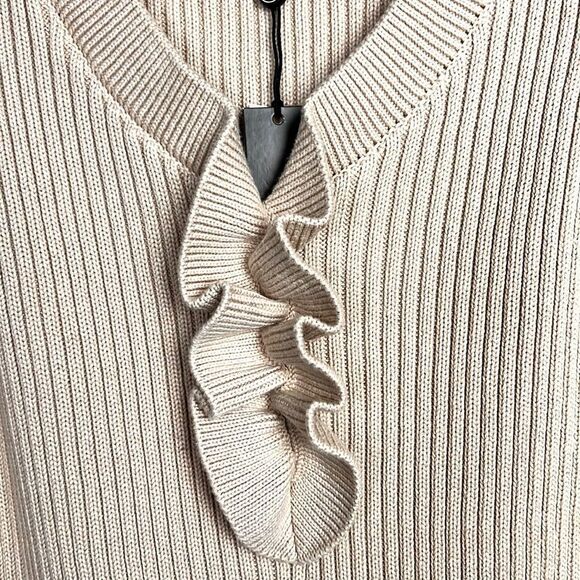 NWT TALBOTS Cotton Tan Sweater Top Rib Knit V-Neck Ruffle Details Short Sleeve M - Picture 7 of 10